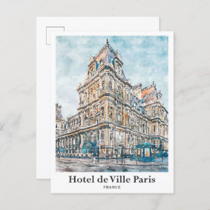 Hotel de Ville Paris Travel Watercolor Hand Drawn Postcard