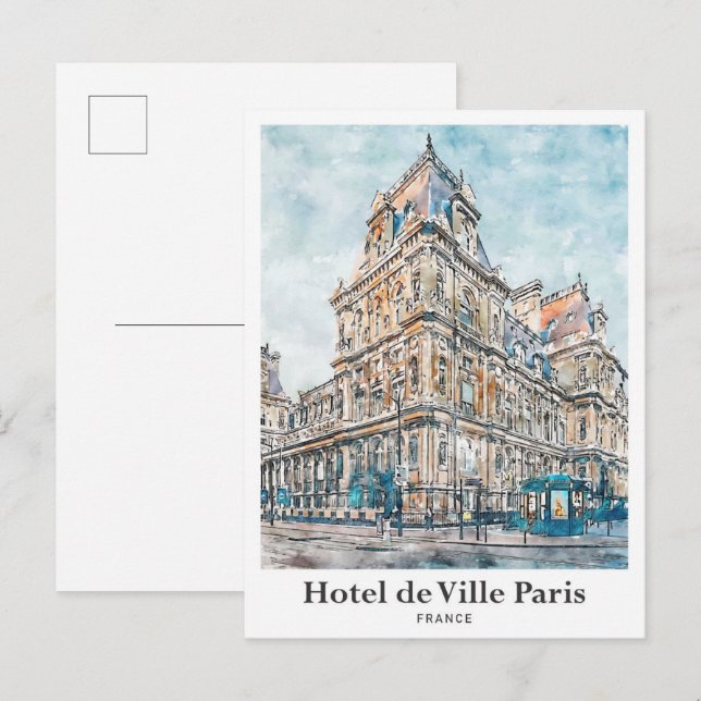 Hotel de Ville Paris Travel Watercolor Hand Drawn Postcard (Front/Back)