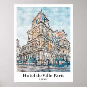 Hotel de Ville Paris Travel Watercolor Hand Drawn Poster
