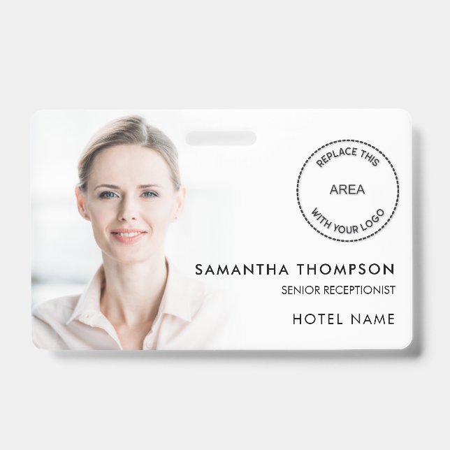 Hotel Employee Photo Overlay ID Name Logo White  Badge (Front)