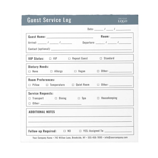 Hotel Guest Service Log Logo Minimalist  Notepad (Front)