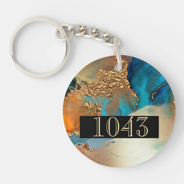 Hotel lodge resort DIY gold orange blue marble Key Ring (Front)