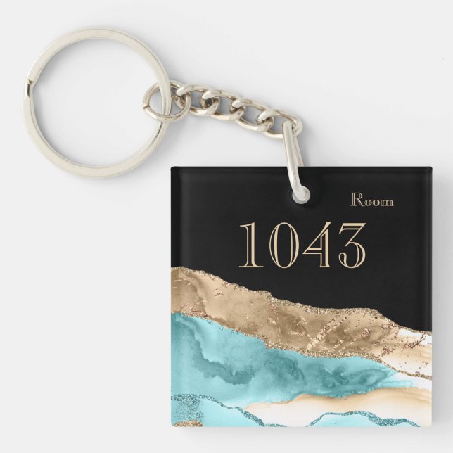 Hotel lodge resort room key marble stone gold blue ring (Front)