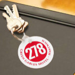 Hotel Name Plus Room Number on a Keychain<br><div class="desc">Hotel Room Keyring or Keychain with the hotel name and address plus room number. Red design.</div>