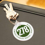 Hotel Name Plus Room Number on a Keychain<br><div class="desc">Hotel Room Keyring or Keychain with the hotel name and address plus room number. Green design.</div>