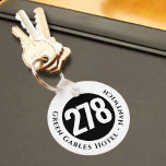 Hotel Name Plus Room Number on a Keychain<br><div class="desc">Hotel Room Keyring or Keychain with the hotel name and address plus room number. Black and white design.</div>