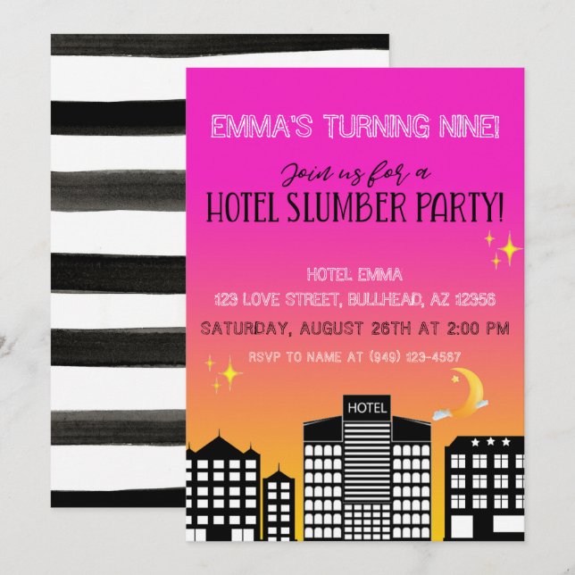 Hotel skyline girl slumber party pink ombre invitation (Front/Back)