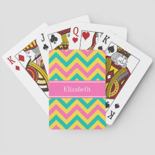 HotPink2 Teal Pineapple LG Chevron Name Monogram Playing Cards