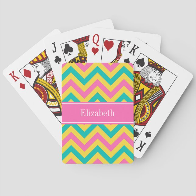 HotPink2 Teal Pineapple LG Chevron Name Monogram Playing Cards (Back)