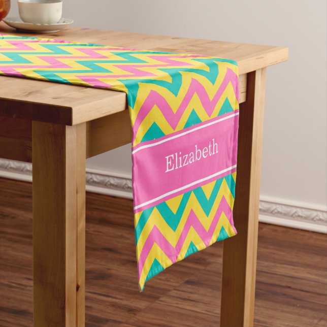 HotPink2 Teal Pineapple LG Chevron Name Monogram Short Table Runner (In Situ)