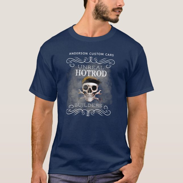 Hotrod Ratrod Unreal Builders Skull Mechanic Smoky T-Shirt (Front)