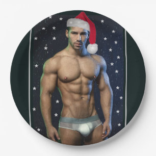 Hottest Hunks On The Planet Christmas Buff Santa   Paper Plate