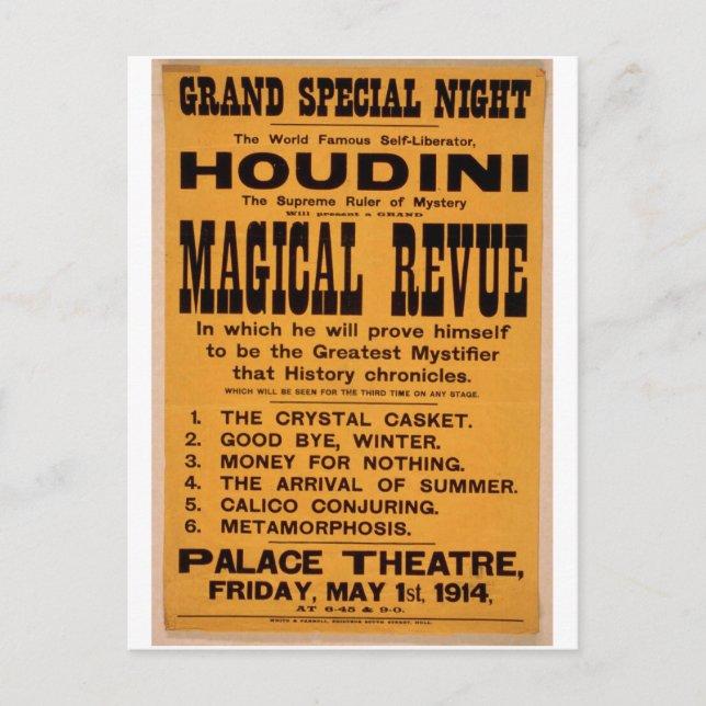 Houdini, 'Magical Revue' Retro Theatre Postcard (Front)