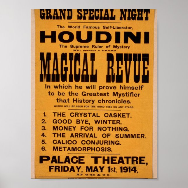 Houdini, 'Magical Revue' Retro Theatre Poster (Front)
