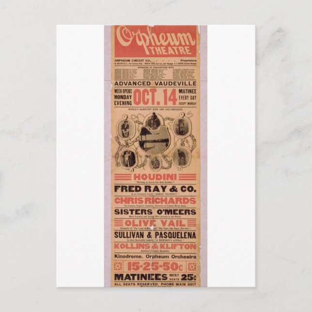 Houdini, 'Orpheuw' Retro Theatre Postcard (Front)