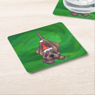 Hound Dog Christmas On Green Square Paper Coaster