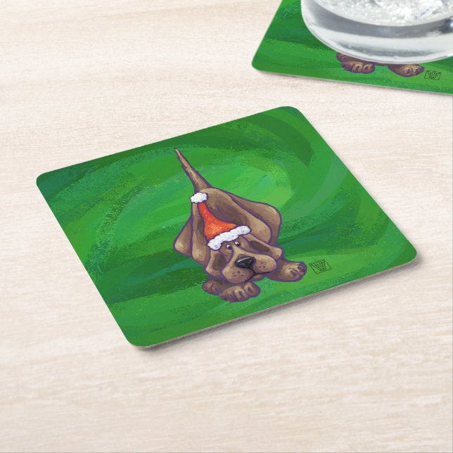 Hound Dog Christmas On Green Square Paper Coaster (Angled)