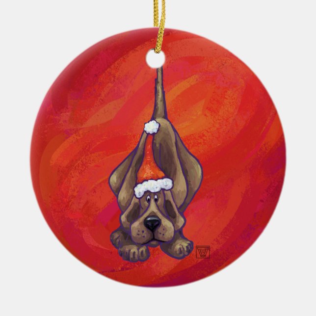 Hound Dog Christmas On Red Ceramic Tree Decoration (Front)