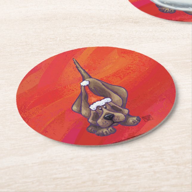 Hound Dog Christmas On Red Round Paper Coaster (Angled)