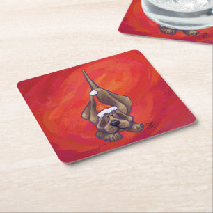 Hound Dog Christmas On Red Square Paper Coaster