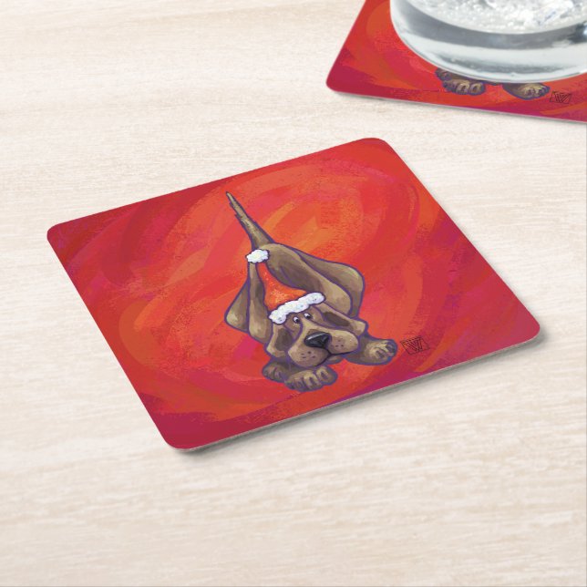 Hound Dog Christmas On Red Square Paper Coaster (Angled)