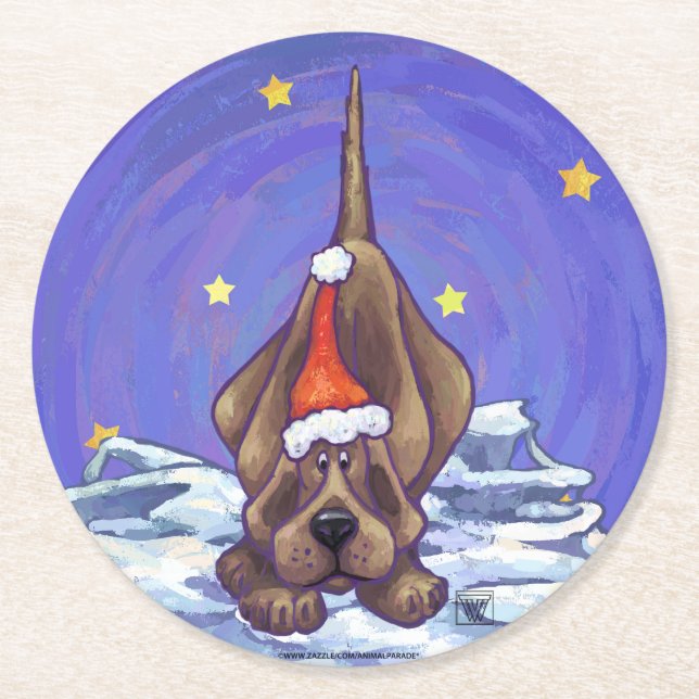 Hound Dog Christmas Round Paper Coaster (Front)