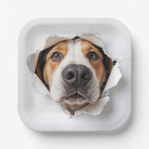 Hound Dog Peeking Through Torn Paper Hole Plate