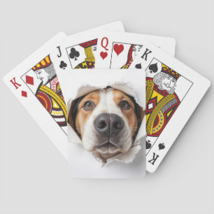Hound Dog Peeking Through Torn Paper Hole Playing Cards