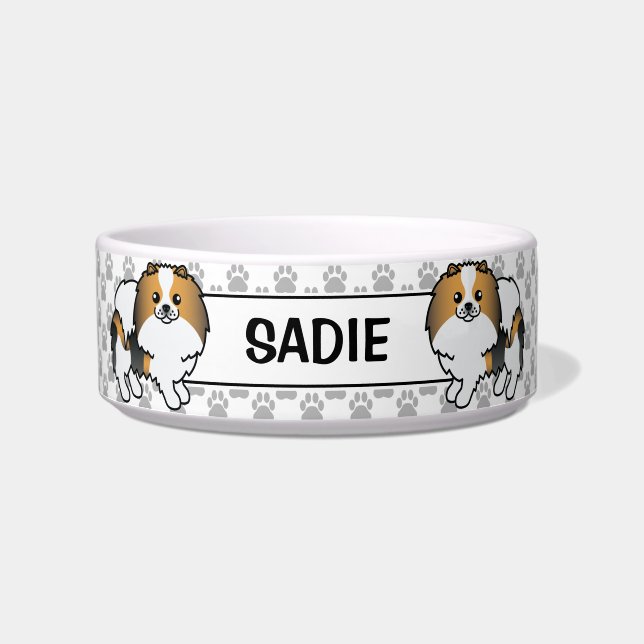 Hound Tricolor Pomeranian Cute Cartoon Dog & Name Bowl (Front)