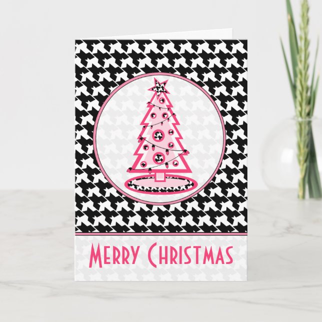 Houndstooth and Pink Christmas Tree Card (Front)
