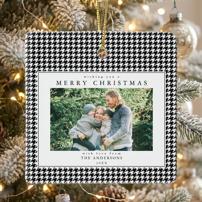 Houndstooth Black and White Christmas Photo Ceramic Ornament (Creator Uploaded)