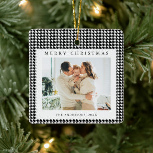 Houndstooth Black and White Christmas Photo Ceramic Ornament