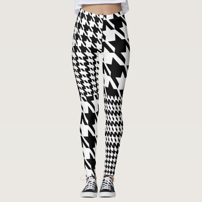 Houndstooth Black And White Patchwork Pattern Leggings (Front)