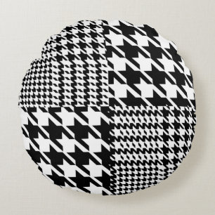 Houndstooth Black And White Patchwork Pattern Round Cushion