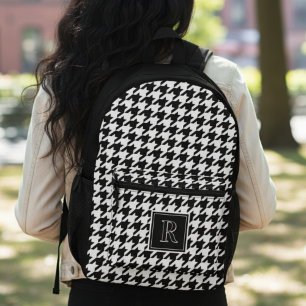 Houndstooth Black & White Monogram Christmas Printed Backpack