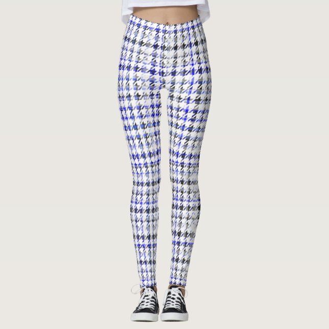 Houndstooth Blue Black and White Plaid Pattern Leggings (Front)