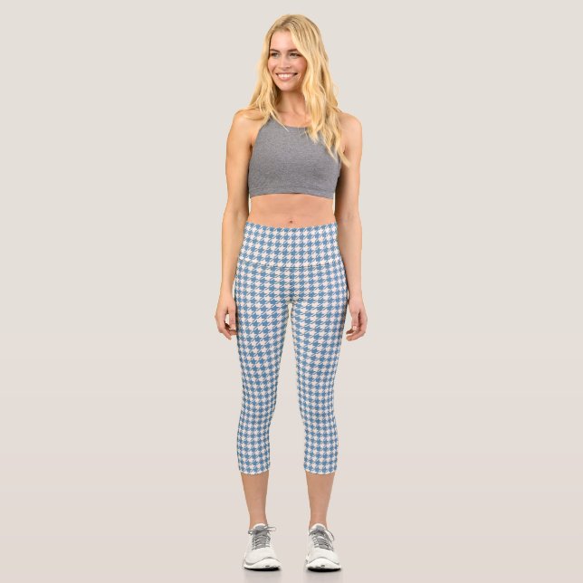 Houndstooth Blue+Cream Pattern Capri Leggings (Front)