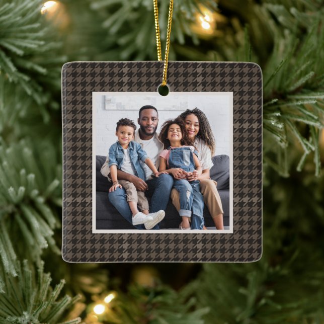 Houndstooth classic neutral one photo Christmas Ceramic Ornament (Tree)