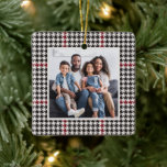Houndstooth classic red black one photo Christmas Ceramic Ornament<br><div class="desc">A classic and festive black and red houndstooth pattern frames a single square photo in this simple personalised Christmas ornament design. A great way to commemorate a favourite family photo or event for the year, this ornament makes a perfect gift for parents, grandparents and more. The back features a matching...</div>