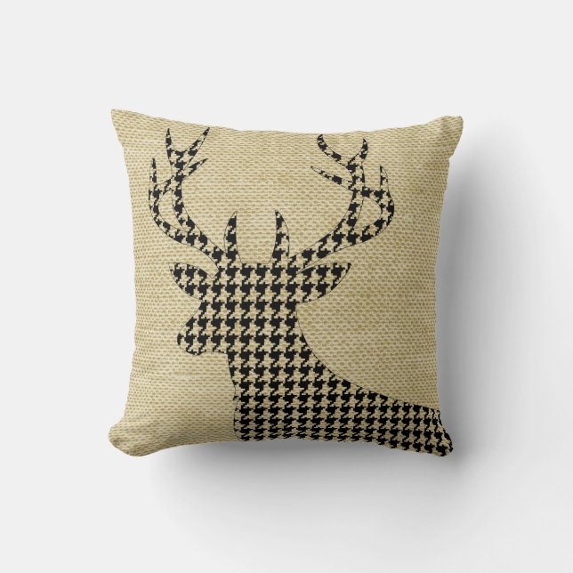 Houndstooth Deer Silhouette on Burlap | wheat Cushion (Front)