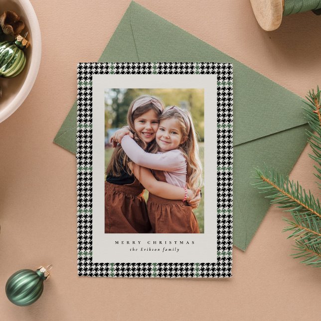 Houndstooth frame green black one photo classic holiday card (Creator Uploaded)