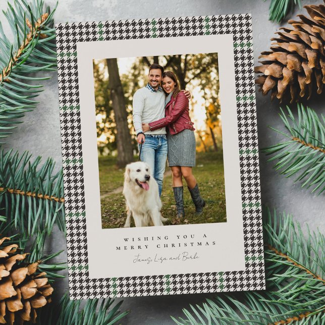 Houndstooth frame green check three photo holiday card (Creator Uploaded)