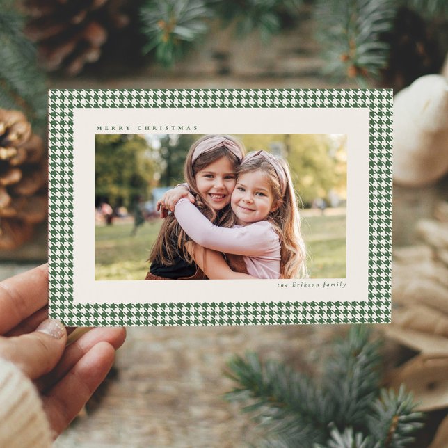 Houndstooth frame green three photo Christmas Holiday Card (Creator Uploaded)