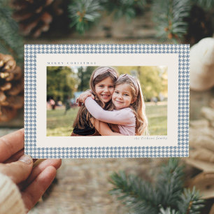 Houndstooth frame light blue three photo Christmas Holiday Card