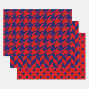 Houndstooth, Herringbone, Dot DIY Colours Red Blue Wrapping Paper Sheet