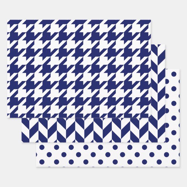 Houndstooth, Herringbone, Dot DIY Colours Wht Blue Wrapping Paper Sheet (Set)