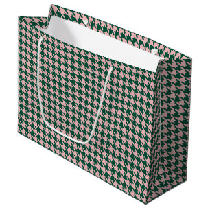 Houndstooth Modern Christmas Holiday Green & Pink Large Gift Bag