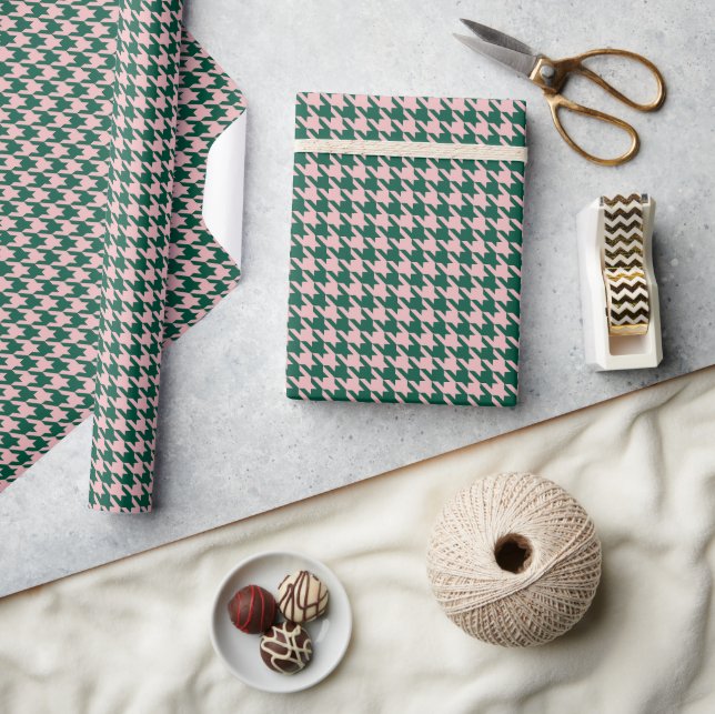 Houndstooth Modern Christmas Holiday Green Pink Wrapping Paper (Crafts)