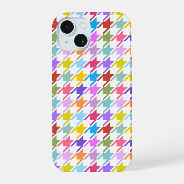 Houndstooth Multicolor+White Pattern iPhone 15 Case (Back)