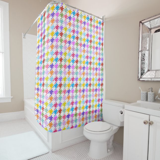 Houndstooth Multicolor+White Pattern Shower Curtain (In Situ)